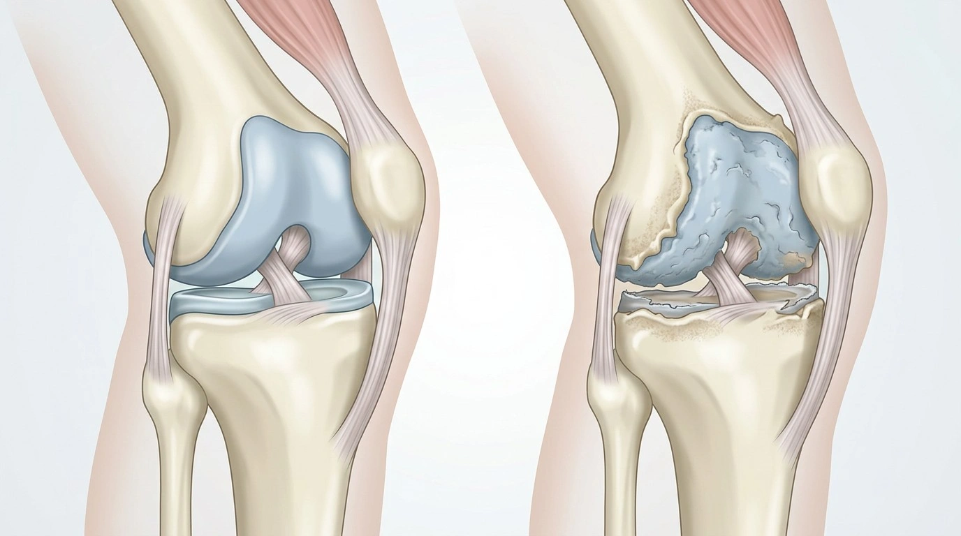 Illustration of a healthy knee joint compared with a knee affected by osteoarthritis