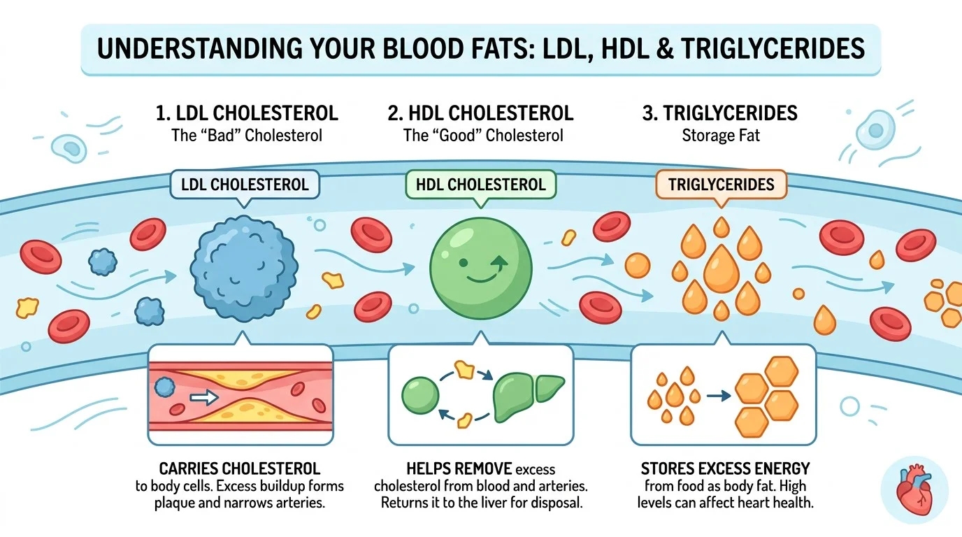 Simple educational illustration showing LDL cholesterol, HDL cholesterol and triglycerides in the bloodstream