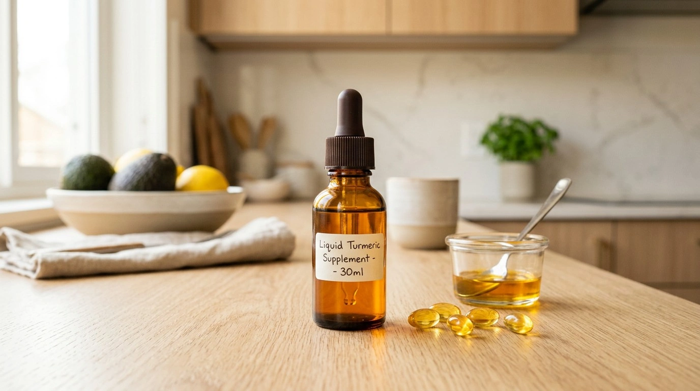 Liquid turmeric supplement with dropper and liquid-filled capsules at home