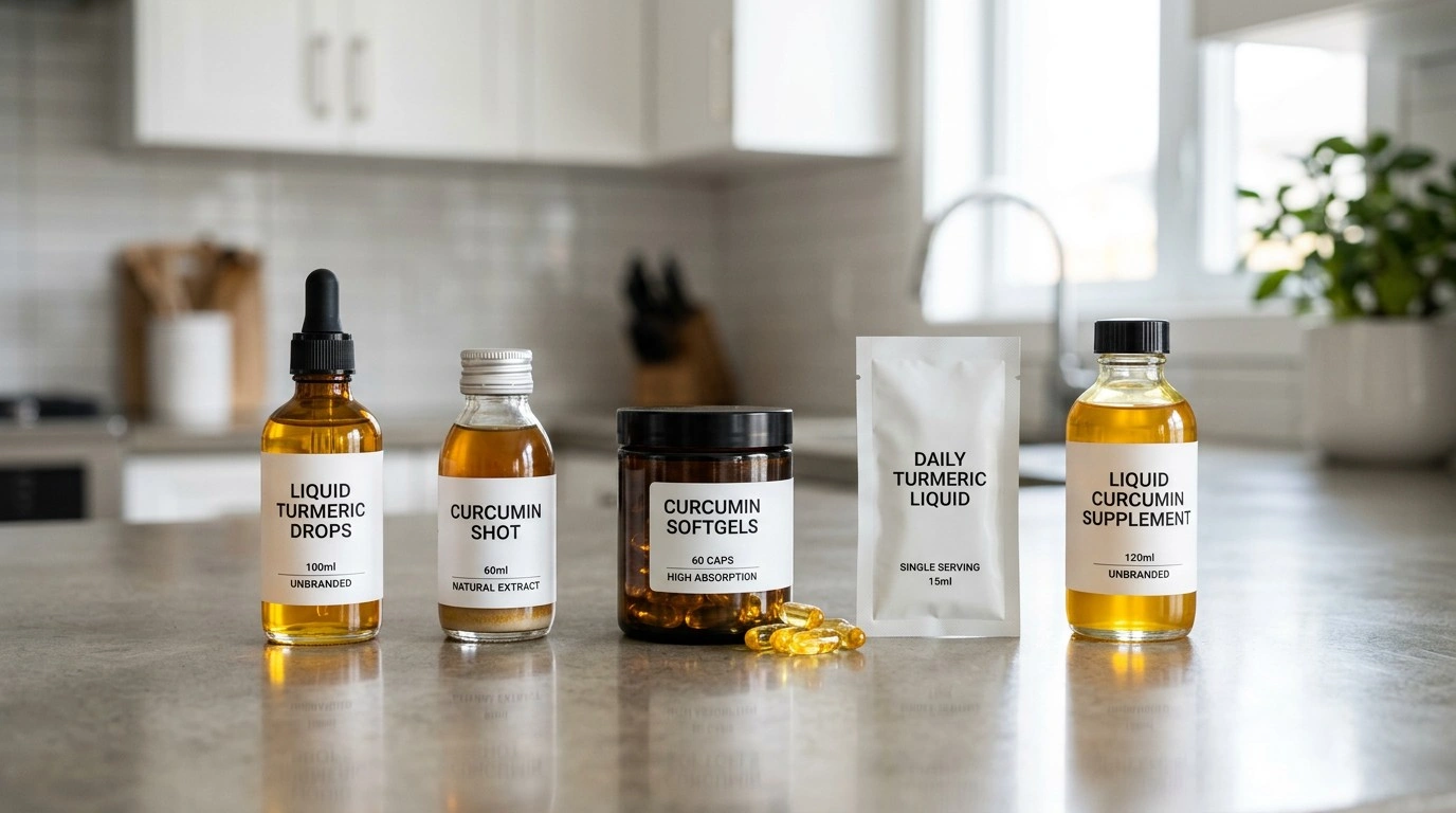 Different types of liquid turmeric supplements including drops, liquid capsules and sachets