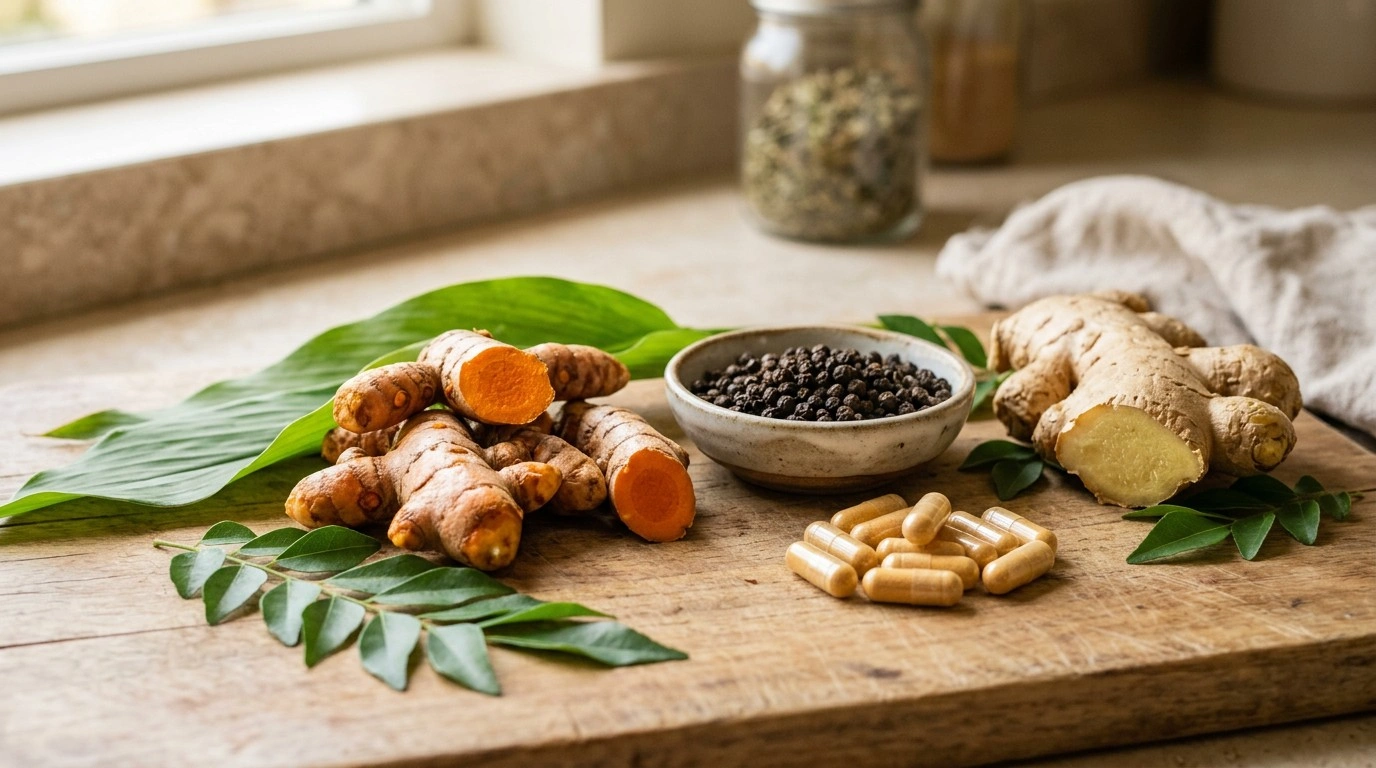 Organic-style turmeric, ginger and black pepper ingredients with capsules
