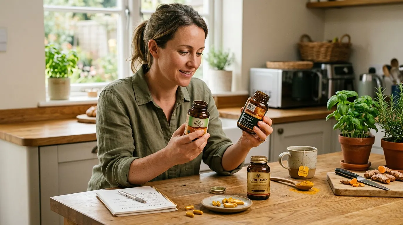 Person comparing different turmeric capsule supplements in a kitchen