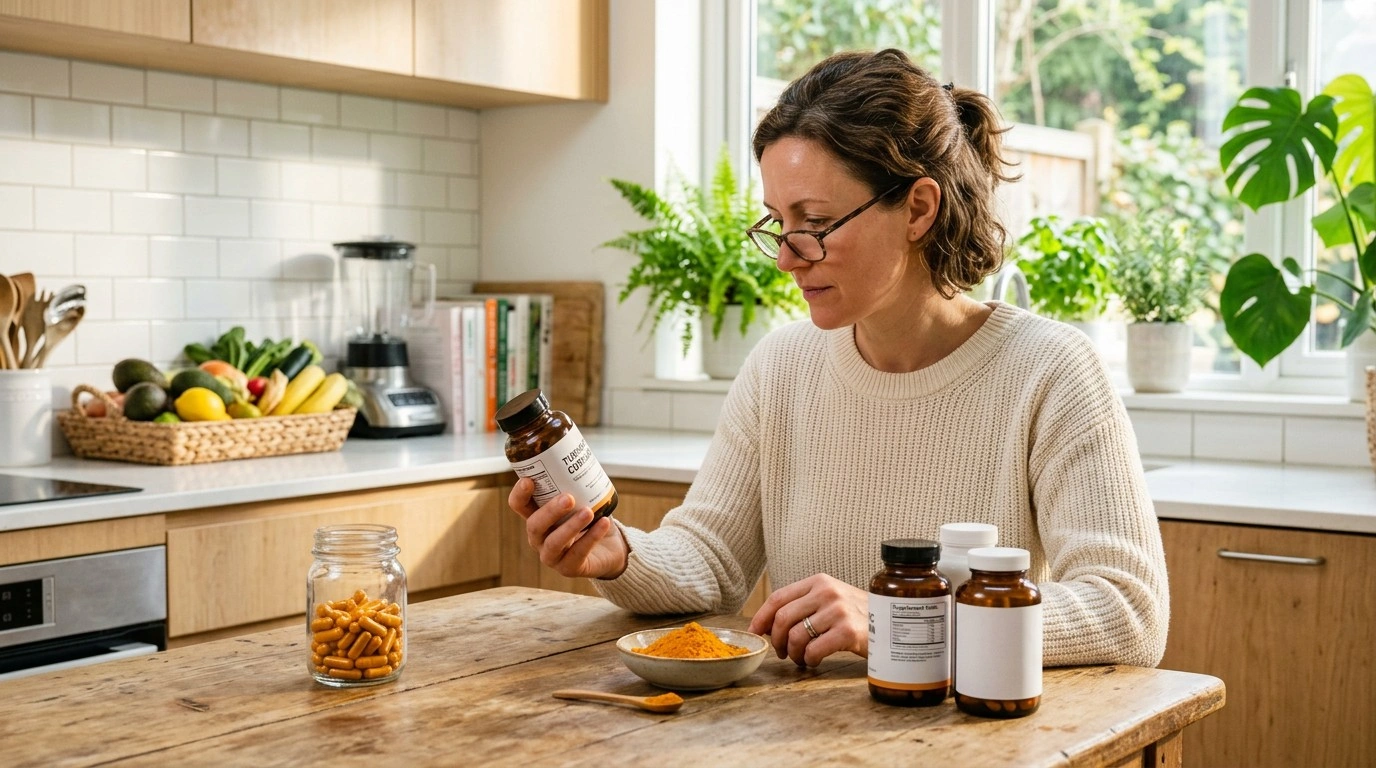 Person comparing different turmeric powder supplements at home