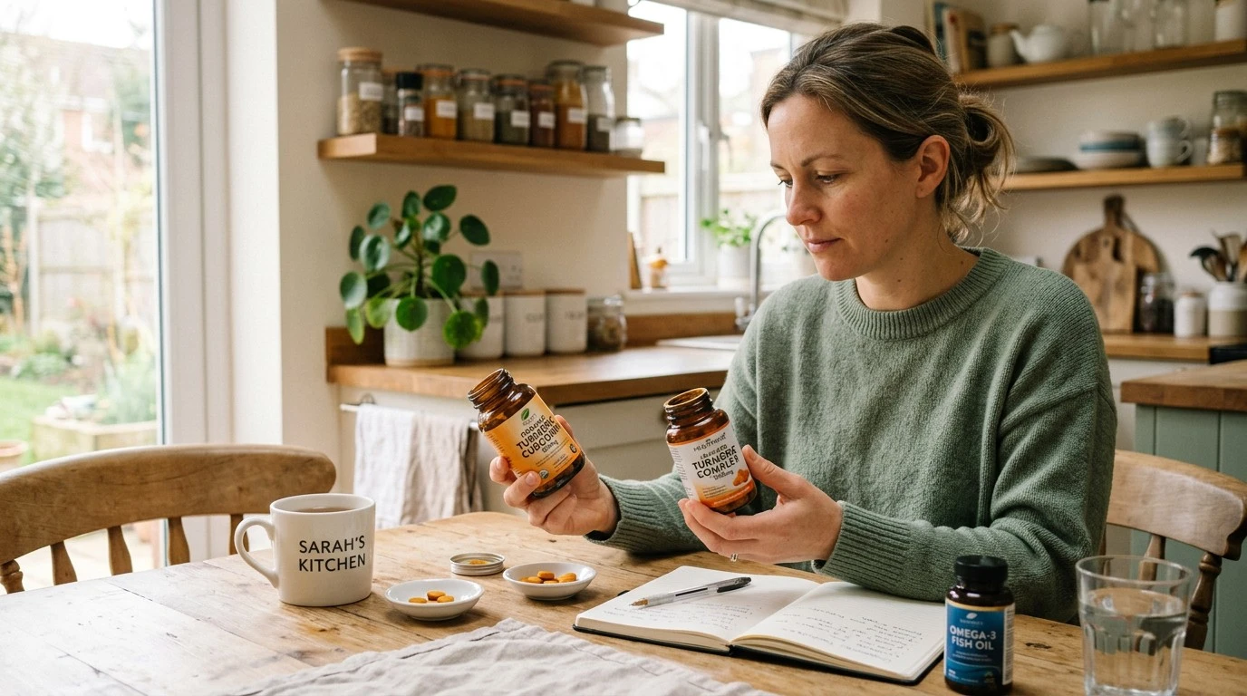 Person comparing different turmeric tablet supplements at home