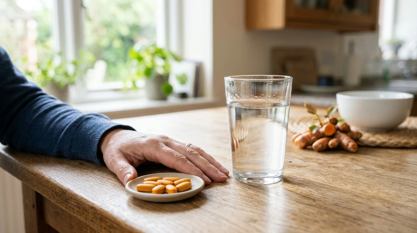 Turmeric tablets beside a glass of water on a table