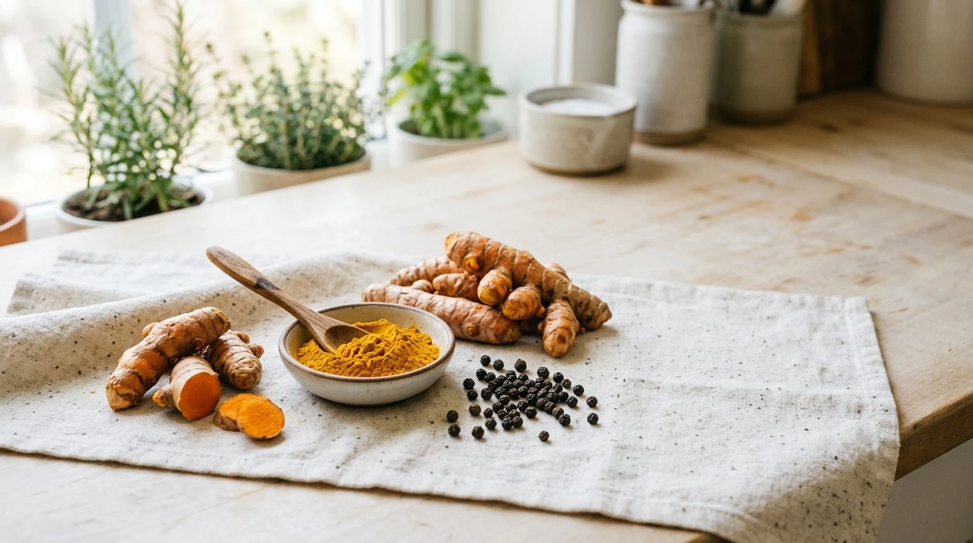 Fresh turmeric, turmeric powder and black peppercorns