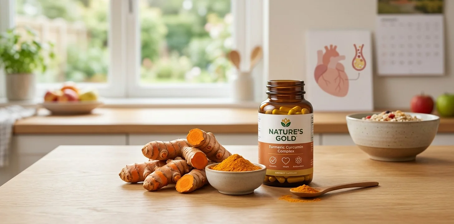 Turmeric root, turmeric powder and a supplement alongside a simple cholesterol health graphic