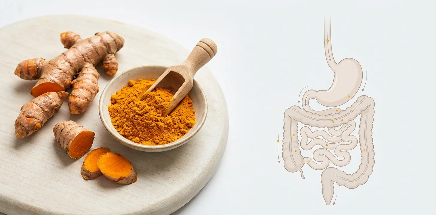 Turmeric root and powder with a simple educational representation of the human digestive system