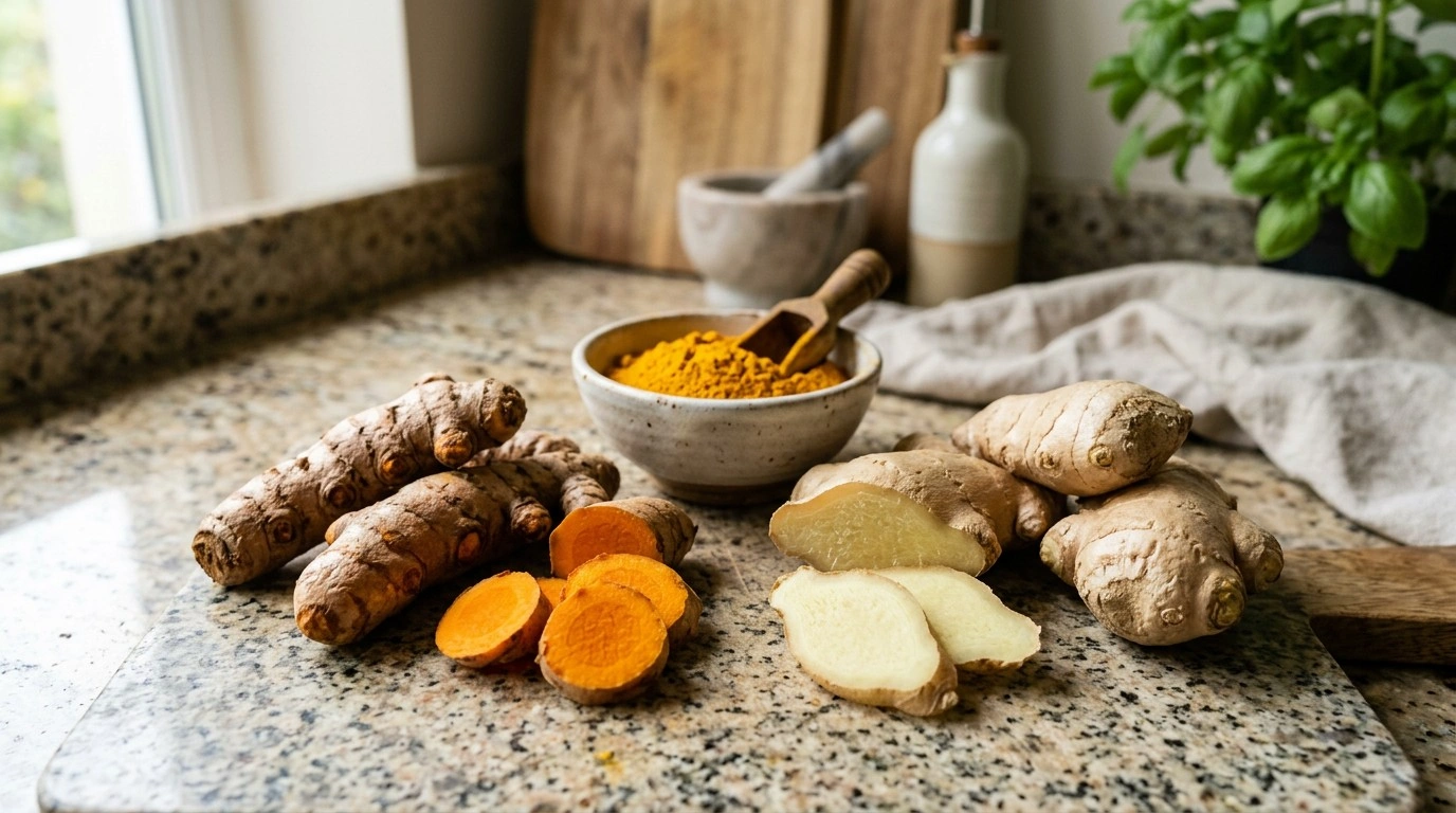 Fresh turmeric root and ginger root with sliced pieces and ground turmeric