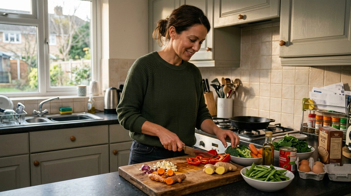 Healthy adult preparing turmeric and ginger with nutritious food at home