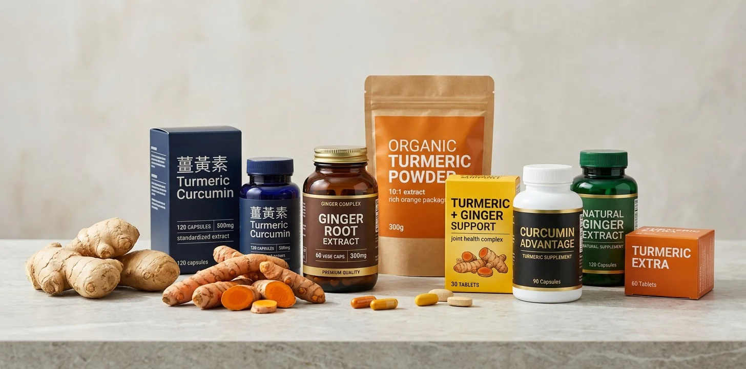 Selection of turmeric and ginger supplements with fresh turmeric and ginger roots