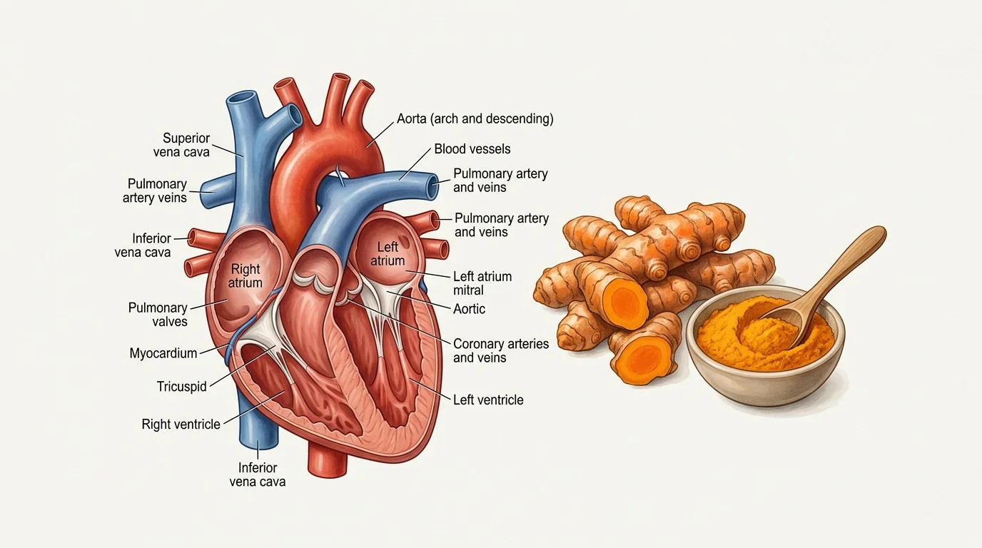 Educational illustration showing turmeric alongside the heart and circulatory system