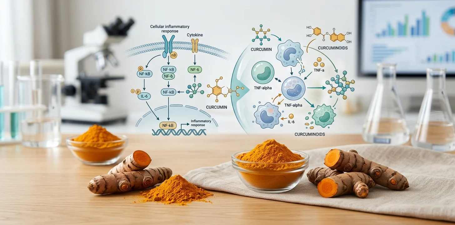 Turmeric root and powder with a subtle educational representation of inflammation in the human body