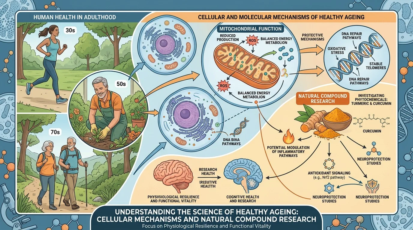 Educational illustration representing research into curcumin, oxidative stress and healthy ageing