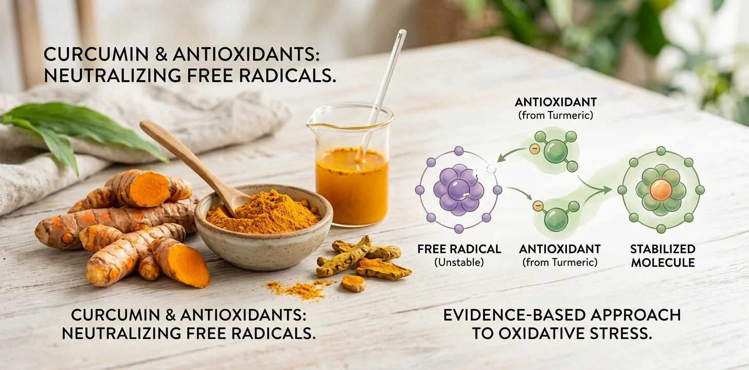 Turmeric root and powder with an educational representation of antioxidants and free radicals