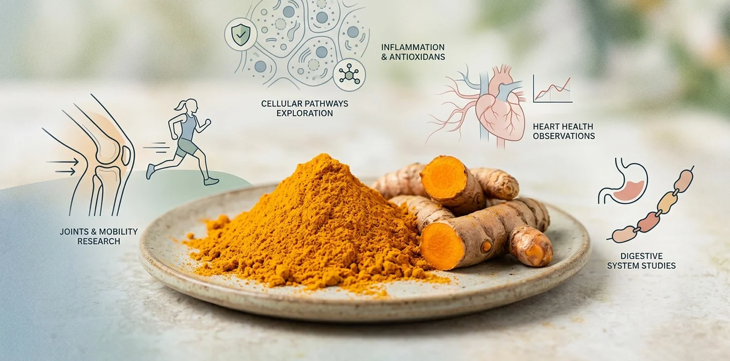 Turmeric root and powder with subtle representations of areas of health studied in turmeric research