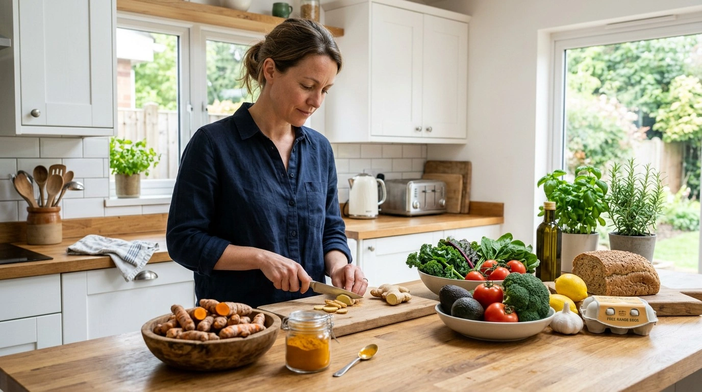 Healthy adult with turmeric and nutritious foods as part of a balanced lifestyle