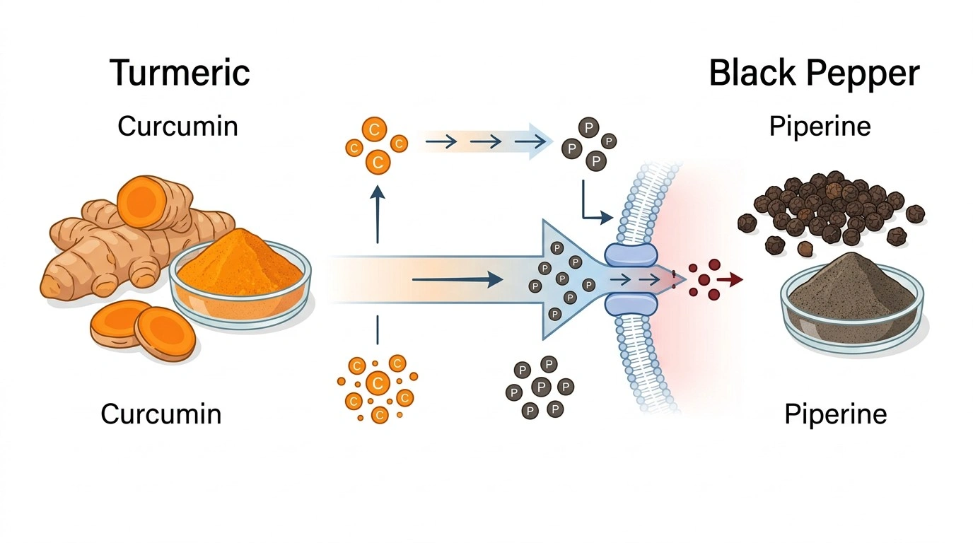 Educational illustration showing turmeric, black pepper and curcumin absorption