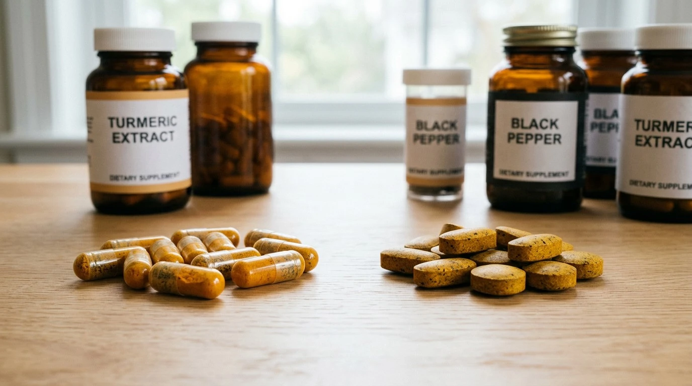 Turmeric and black pepper capsules and tablets compared side by side