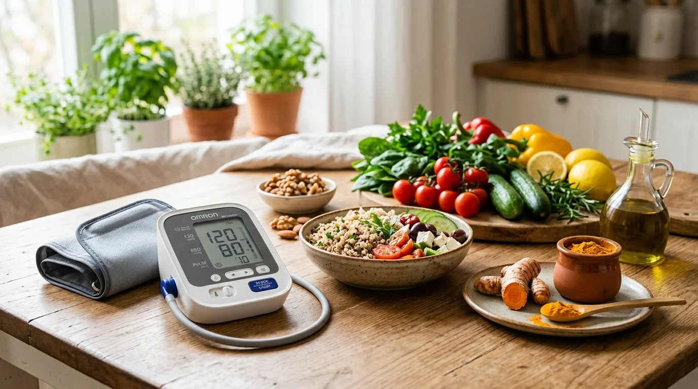 Blood pressure monitor with healthy foods and turmeric representing cardiovascular health