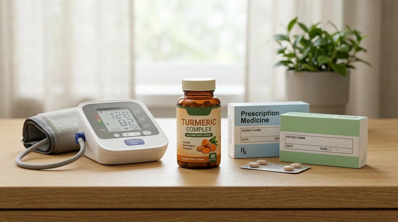 Turmeric supplement beside blood pressure medication and a home blood pressure monitor