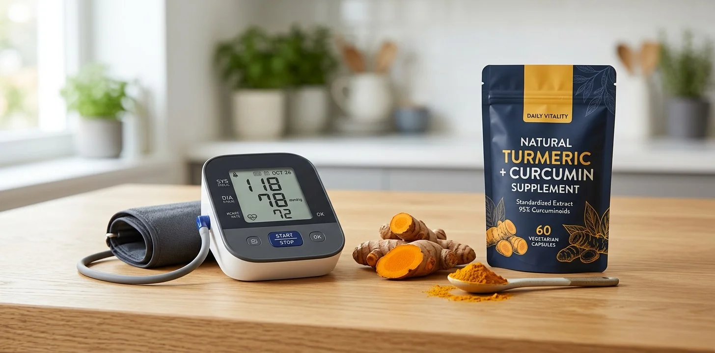 Blood pressure monitor with turmeric root and turmeric supplement