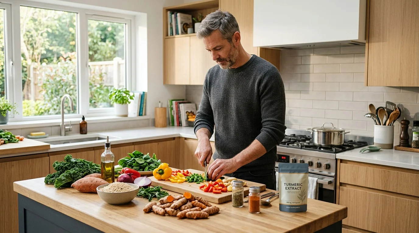 Healthy middle-aged adult preparing food with fresh turmeric and a turmeric supplement nearby
