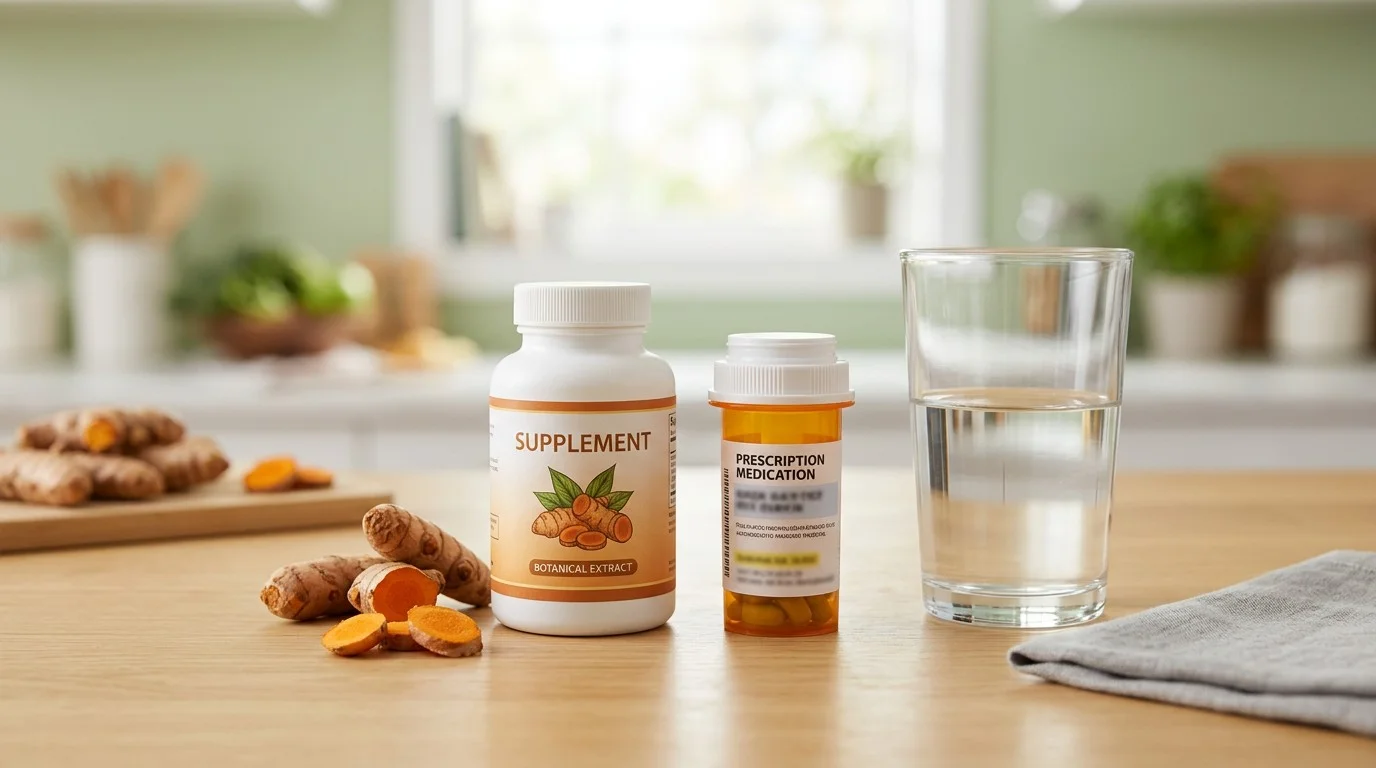 Turmeric supplement beside prescription medicine and a glass of water