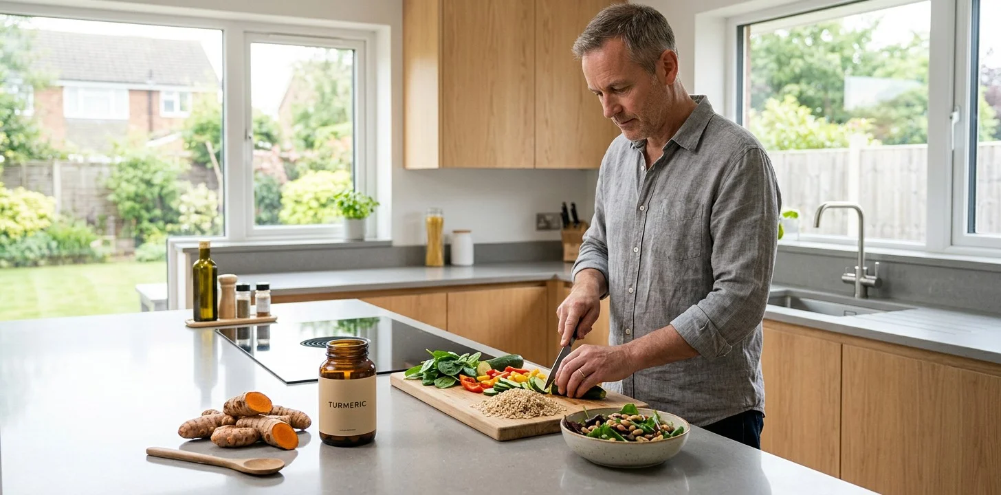 Turmeric supplement with fresh turmeric root and a healthy adult in a kitchen