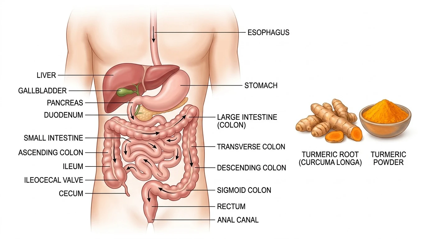 Simple digestive system illustration representing how turmeric may affect bowel habits