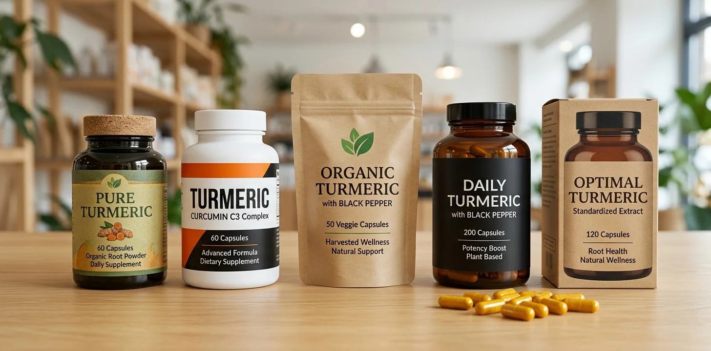 Selection of turmeric and curcumin capsule supplements in different types of packaging