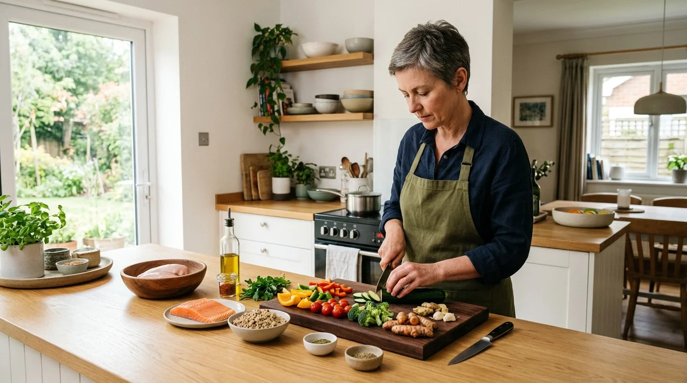 Healthy middle-aged adult preparing a balanced meal with fresh turmeric in a home kitchen