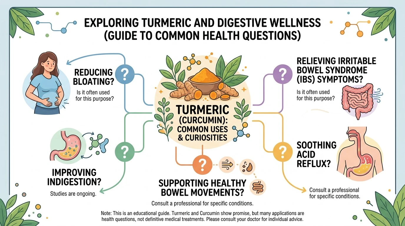 Illustration showing common questions about turmeric, bloating, indigestion, IBS and acid reflux