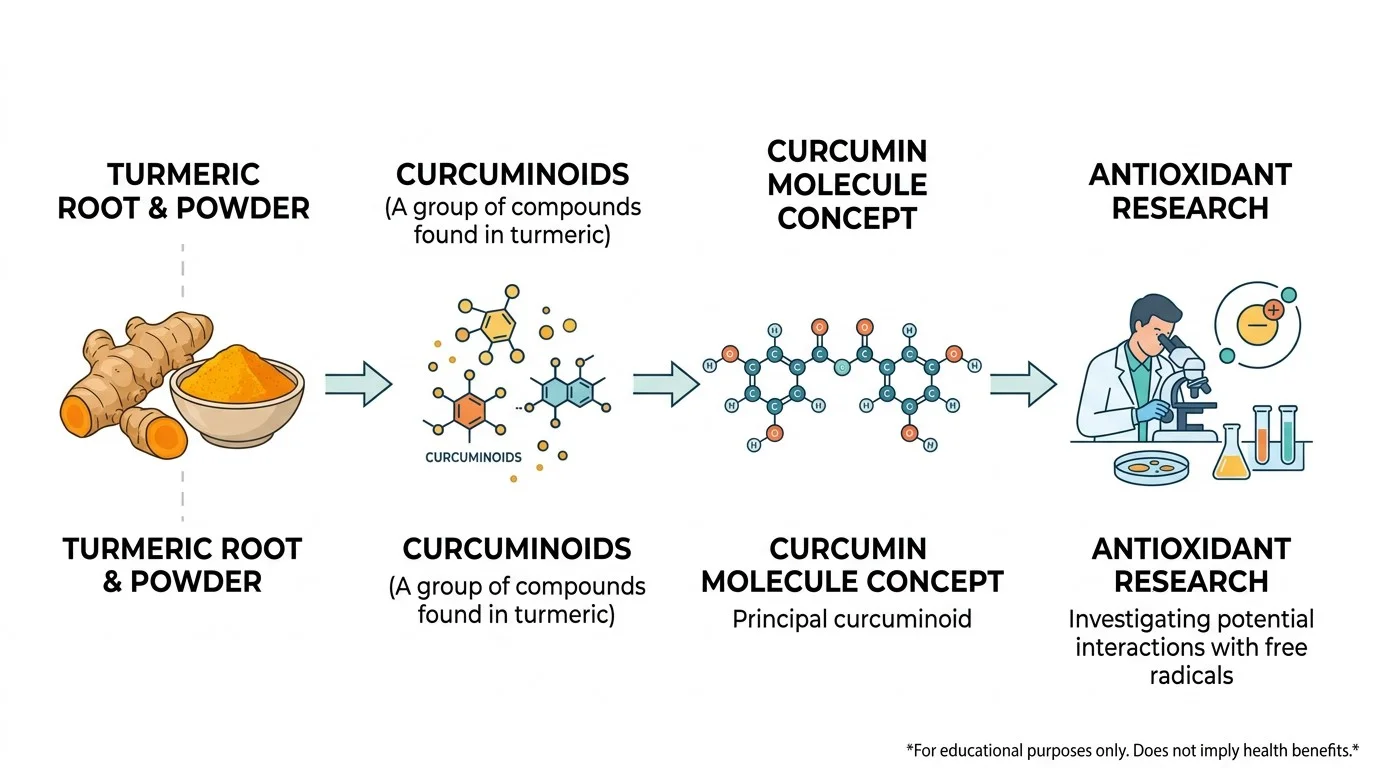 Diagram showing the relationship between turmeric, curcuminoids, curcumin and antioxidant research