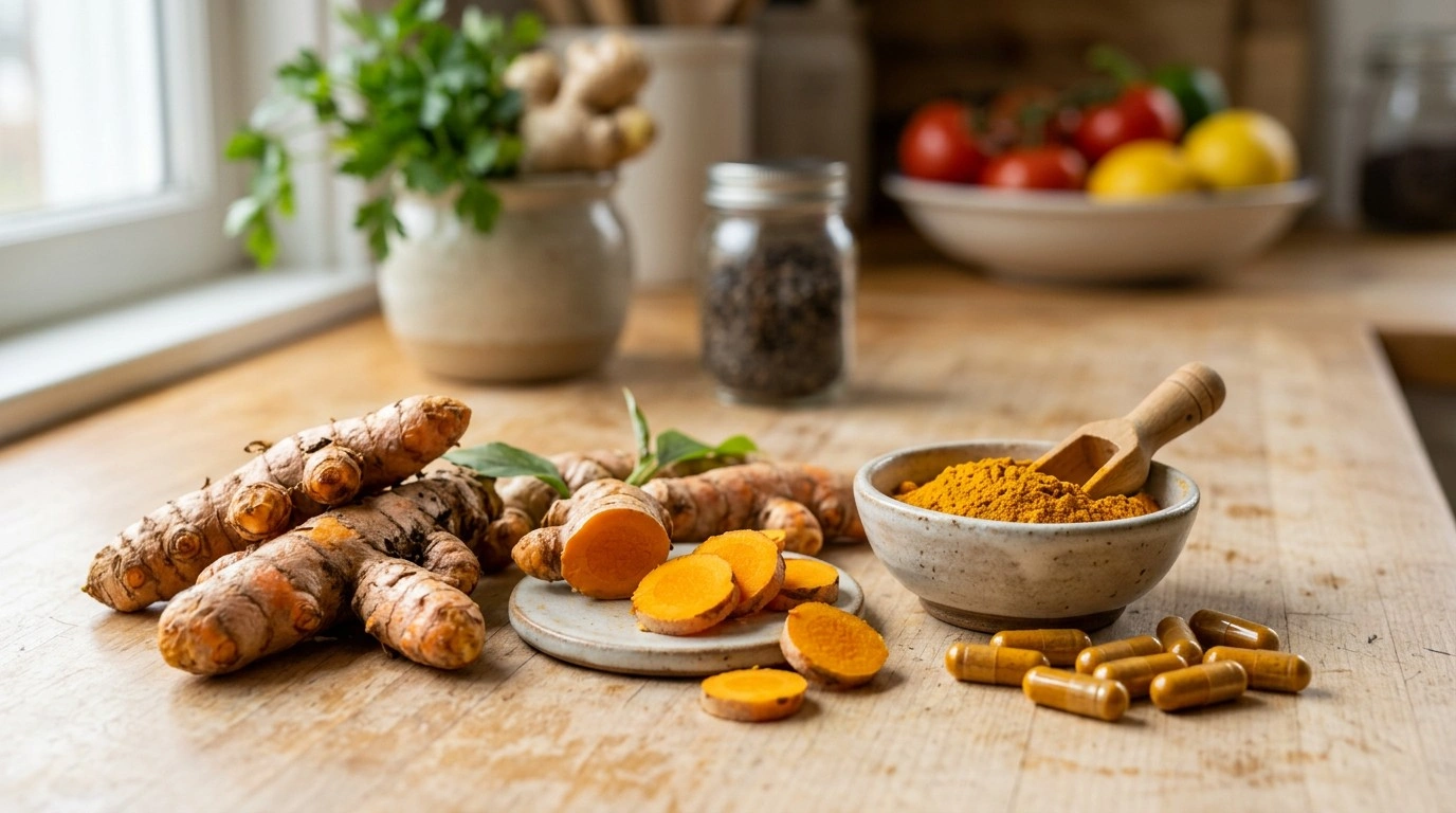 Fresh turmeric root, turmeric powder and turmeric capsules representing different sources of curcumin