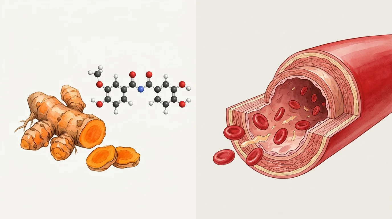 Illustration of turmeric and curcumin alongside a healthy blood vessel