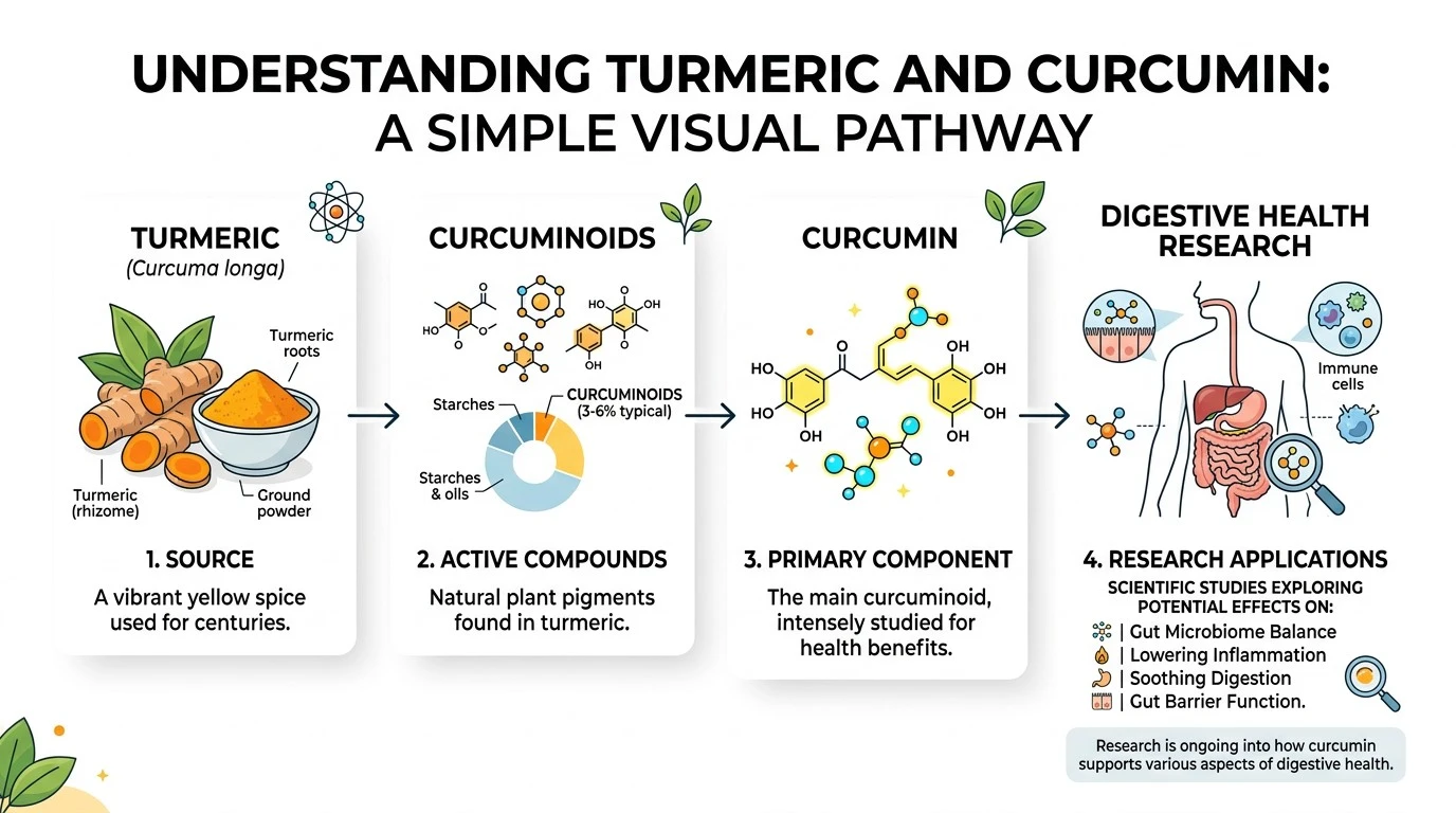 Simple diagram showing the relationship between turmeric, curcuminoids, curcumin and digestive health research