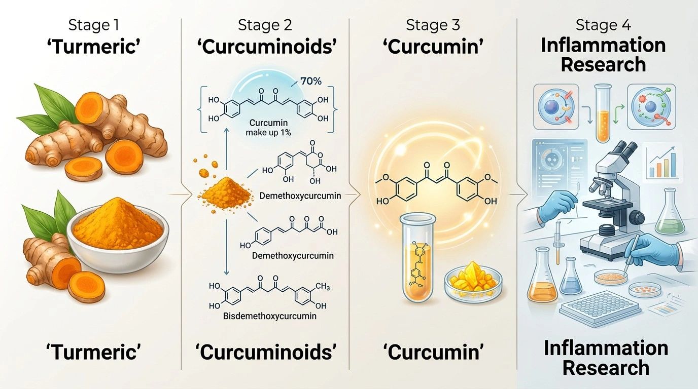 Visual showing the relationship between turmeric, curcuminoids, curcumin and inflammation research