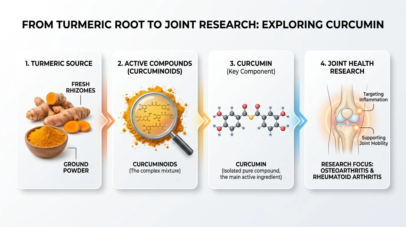 Visual showing the relationship between turmeric, curcuminoids, curcumin and joint health research