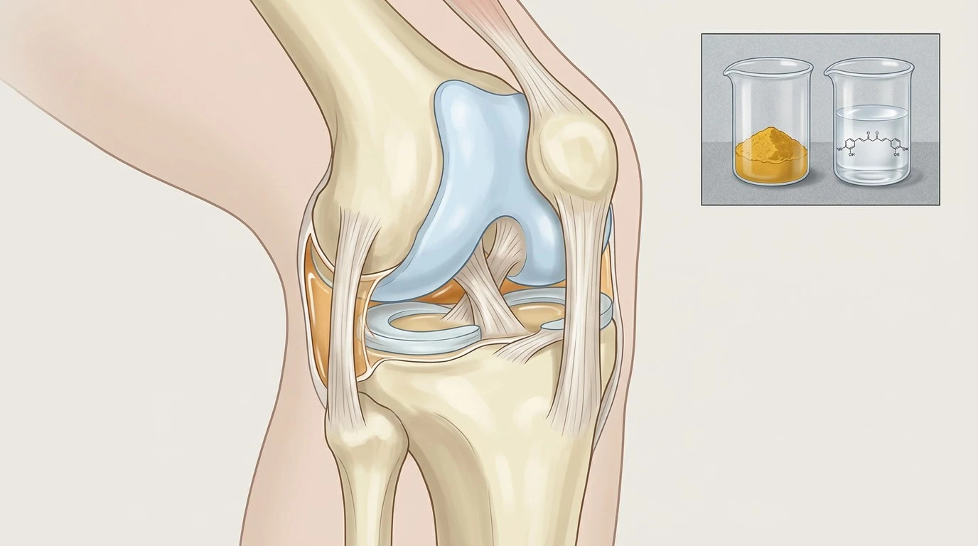 Medical illustration of a human knee representing research into curcumin and knee osteoarthritis