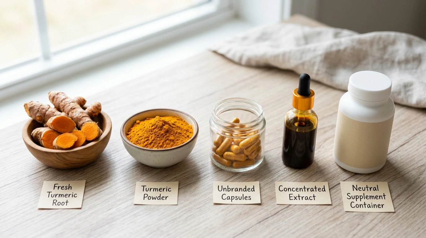 Different forms of turmeric and curcumin including turmeric powder, capsules and concentrated extracts