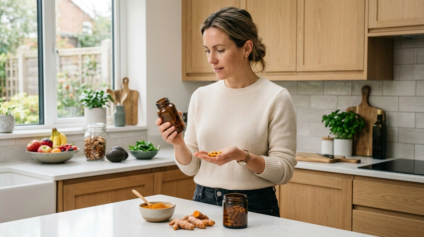 Healthy adult looking at turmeric and curcumin supplements