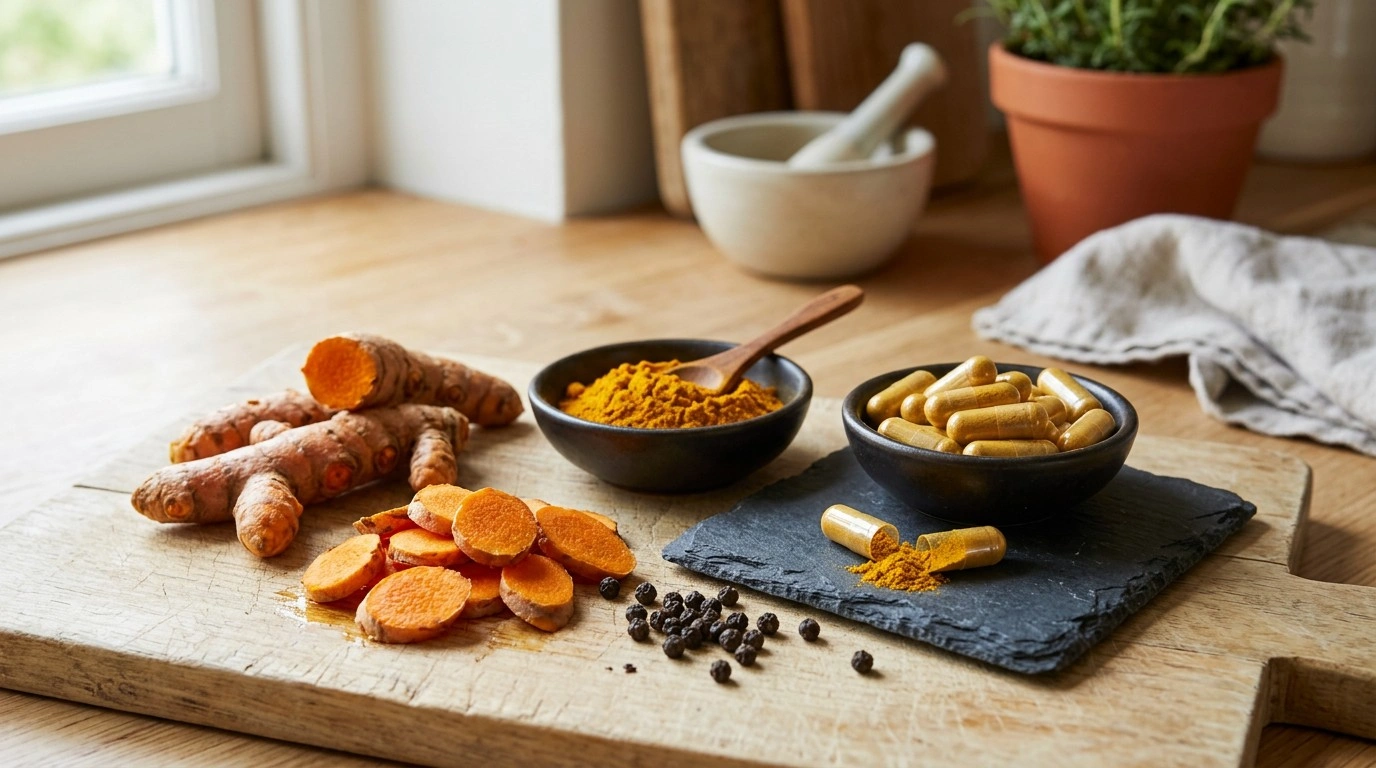 Turmeric root, turmeric extract capsule and black pepper representing common supplement ingredients