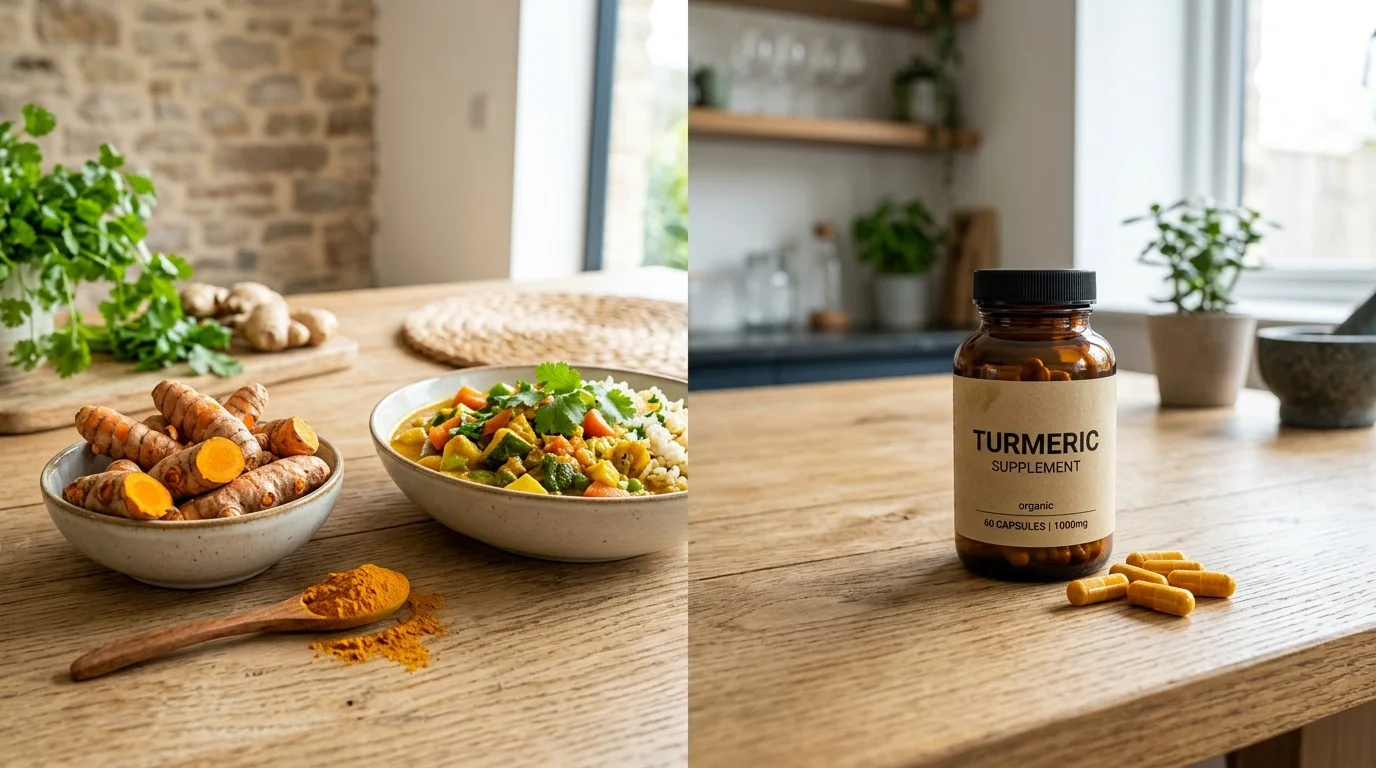 Fresh turmeric and turmeric powder beside a concentrated turmeric supplement