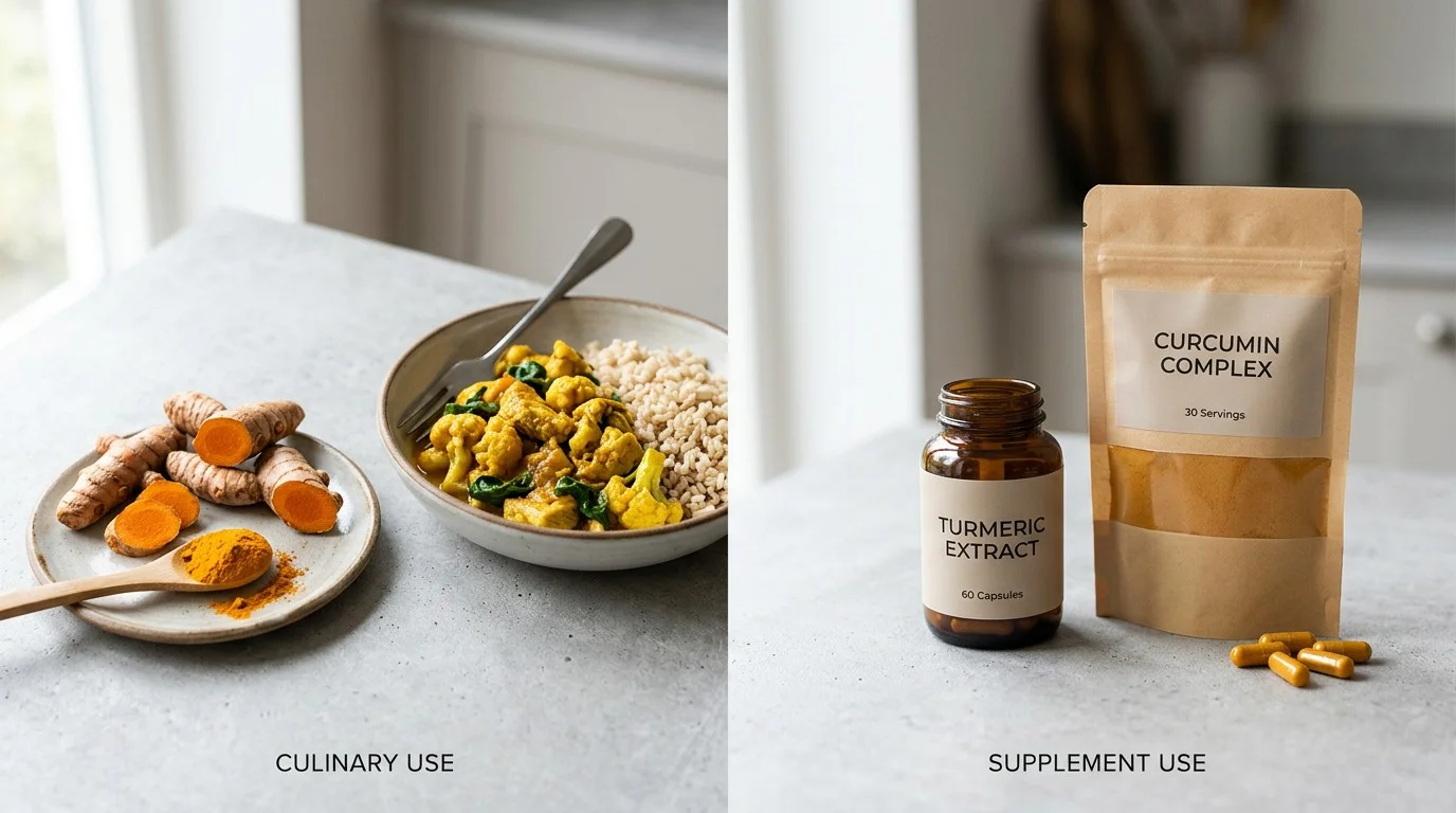 Fresh turmeric and turmeric used in food alongside turmeric supplement capsules and packaging