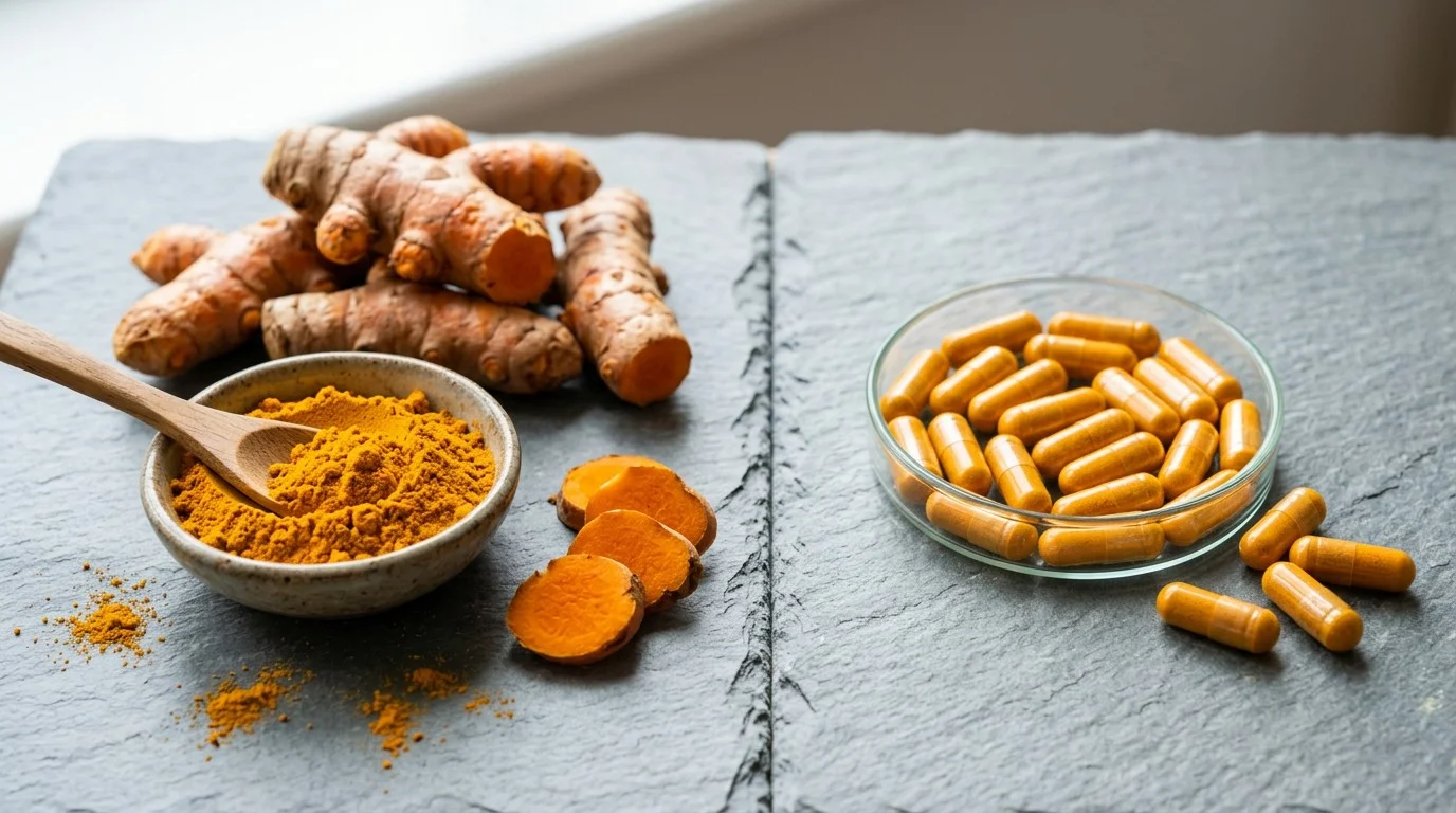 Turmeric root and powder beside turmeric capsules showing different ways turmeric is consumed