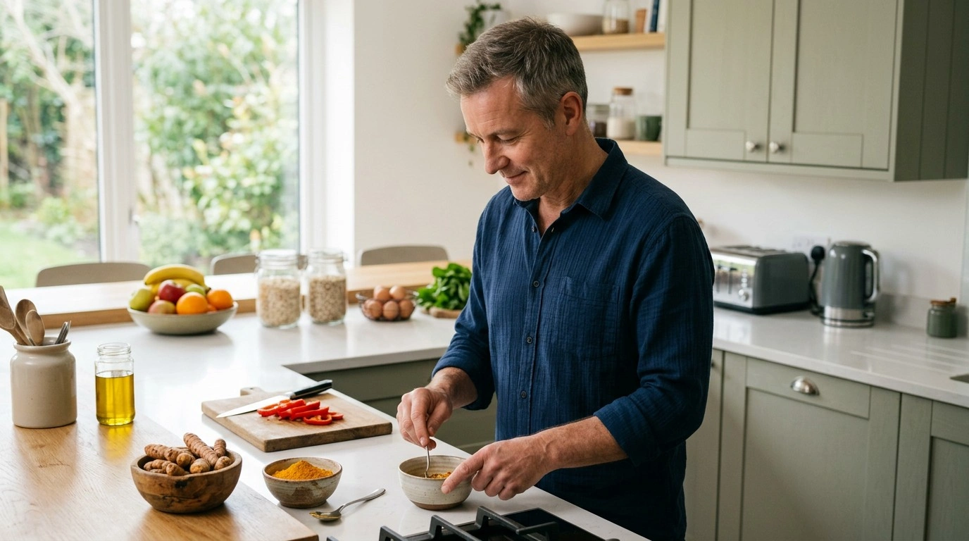 Turmeric root and powder alongside a healthy adult for a guide about turmeric and inflammation