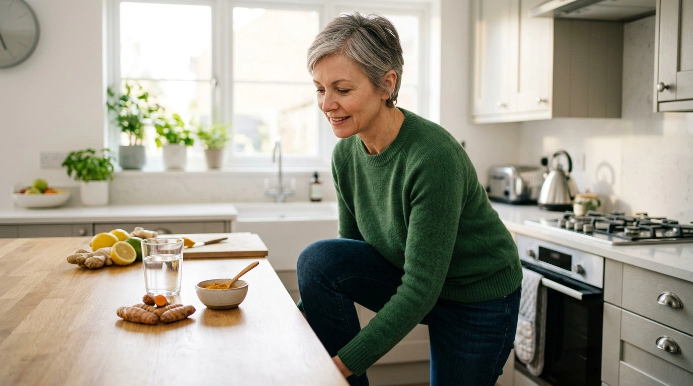Turmeric and curcumin supplements alongside fresh turmeric for a guide about joint pain and arthritis