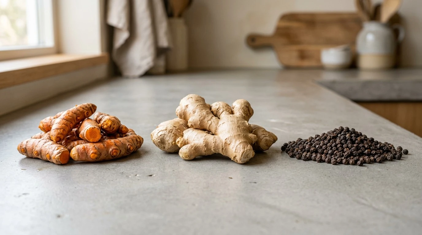 Fresh turmeric, ginger root and black peppercorns