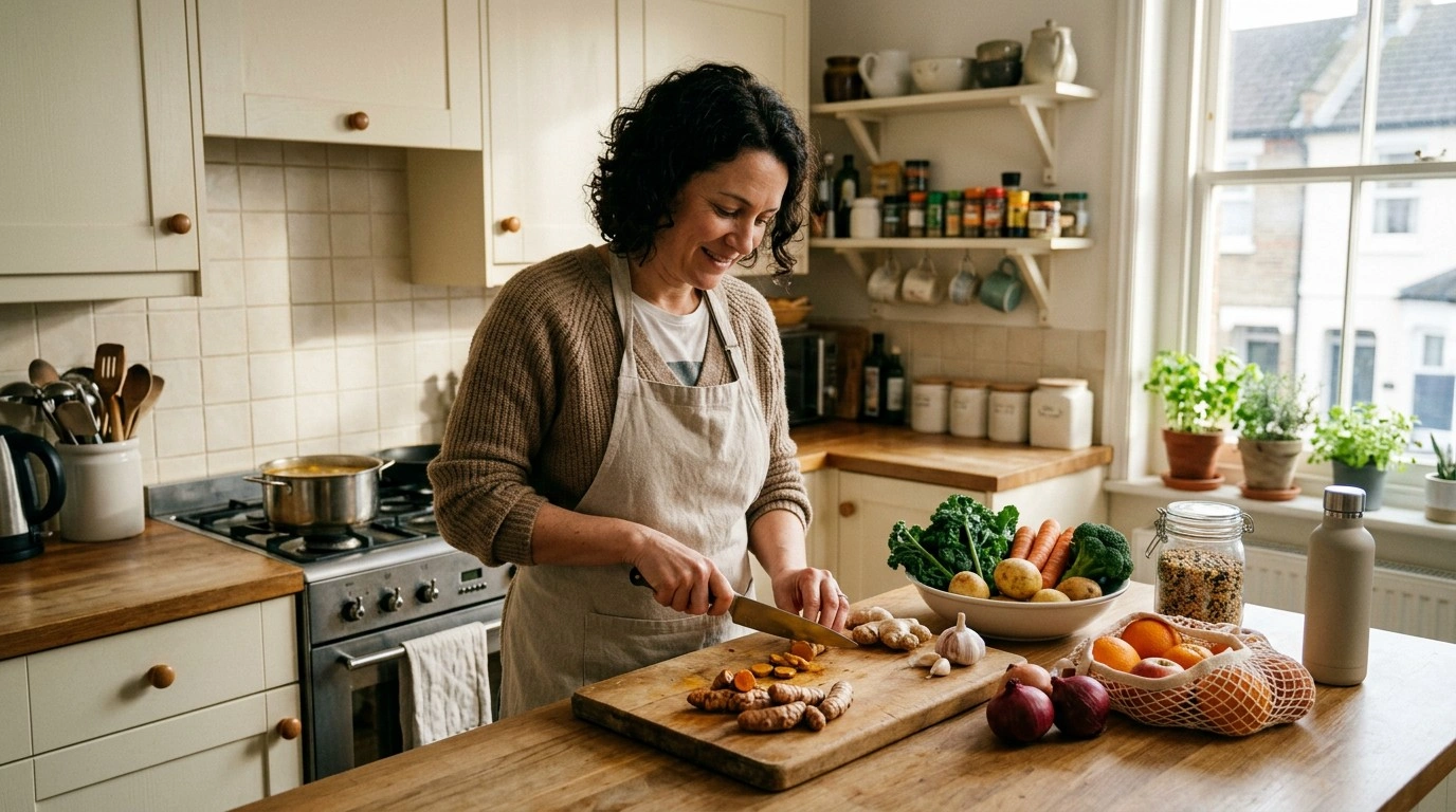 Adult at home with turmeric, ginger and nutritious foods as part of a healthy lifestyle